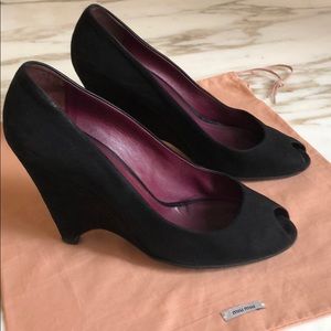 Miu Miu black peep low (low cleavage) suede pumps
